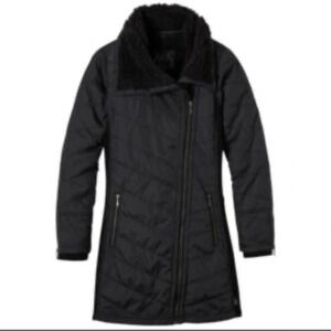 prAna Diva Quilted Sherpa Lined Long Jacket Size XS Black Asymmetrical Zip